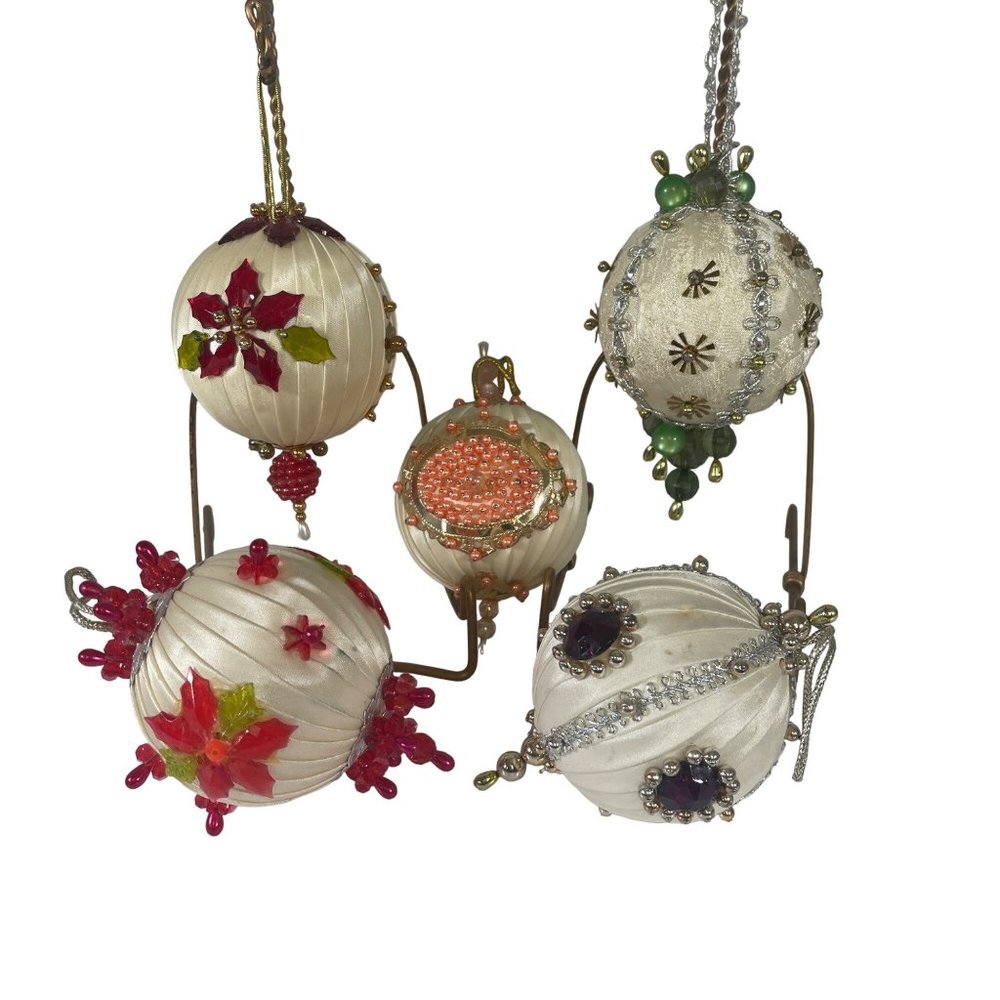Vintage Satin and Beaded Handmade Ornaments Set of 5
